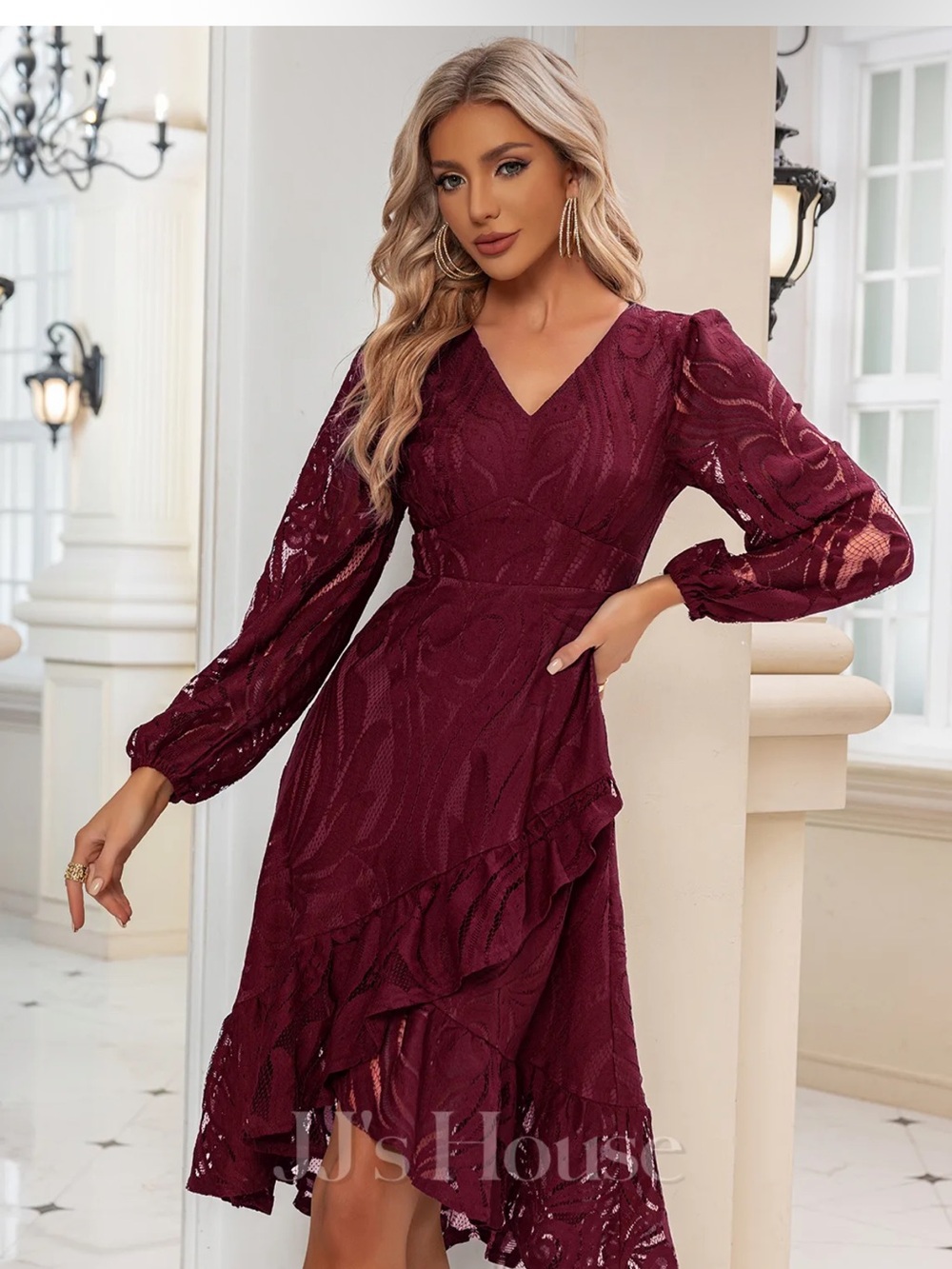 JJs House - Elegant Burgundy Lace V-Neck Dress